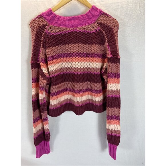 Free People Devon Sweater Fuchsia Rose Combo striped Size S slouchy Colorful - Picture 3 of 11